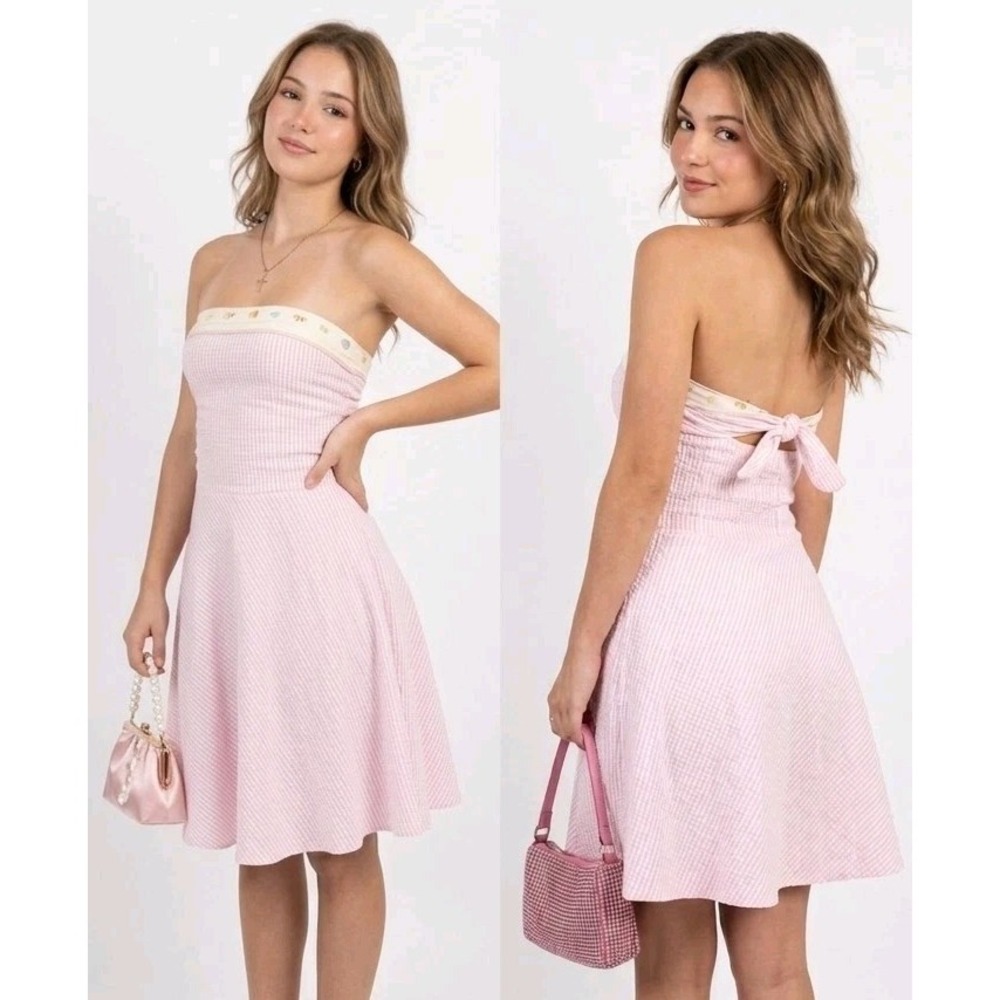 VTG Necessary Objects Y2K Dress XS Pink Seersucker Coquette Strapless Dollette